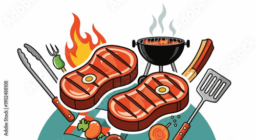 Delicious grilled steaks and barbecue grill with cooking utensils.