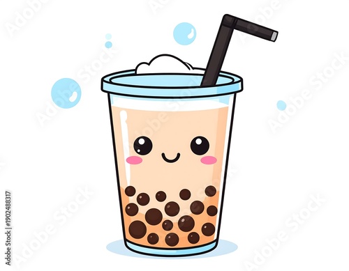 Cute cartoon bubble tea in a plastic cup, with a straw and bubbles