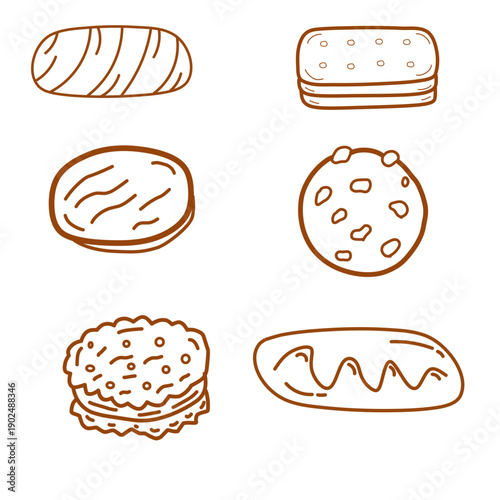 Set of hand drawn cookies, Doodle line hand drawn of cookies. Set of various cracker and biscuits for food theme, hand drawn various biscuit. Food frame cookies.
