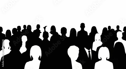 Diverse crowd of people silhouettes in black and white.