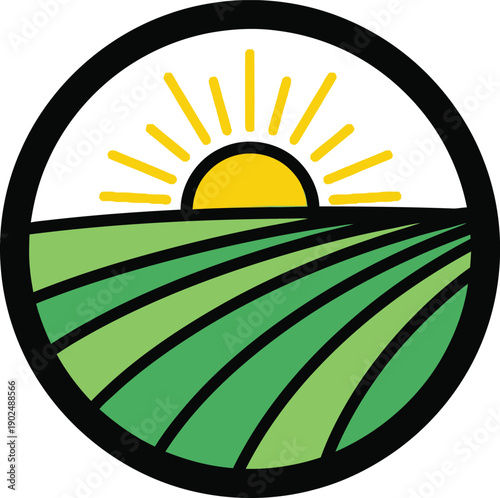 A vibrant summer nature landscape vector illustration featuring a bright sun shining over a green grass field and meadow with a tree and winding road leading toward the horizon under a cloudy sky
