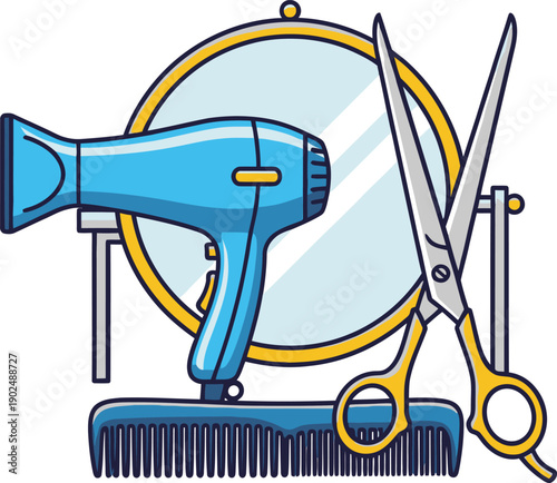 Vector illustration showing electric fan, electric guitar, and electric power supply isolated on a white background with modern technology equipment style