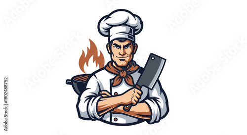 Chef holding a cleaver with a grill in the background.