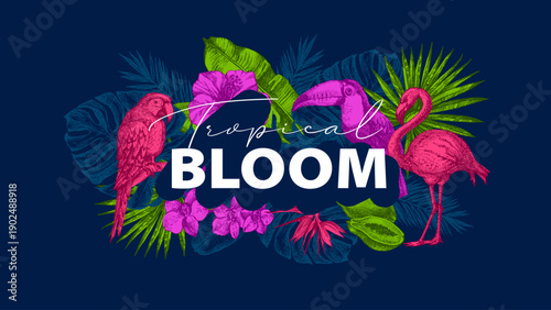 Tropical exotic background. Parrot, tropical leaves, hibiscus, butterflies. Coffee, restaurant, food packaging, event decor concept. Hand drawn retro sketch vector illustration.