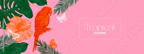Vintage tropical background with exotic vibe. Parrot, tropical leaves, hibiscus, butterflies. Coffee, restaurant, food packaging, event decor concept. Hand drawn sketch vector illustration.