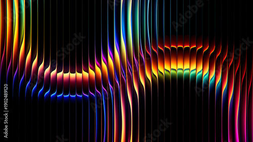 Billede på lærred Abstract neon circles through vertical ribbed glass forming colorful geometric bright spectrum gradients, optical distortion, layered circular shapes for creative futuristic digital project