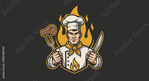 Chef holding steak and knife with fire background illustration.