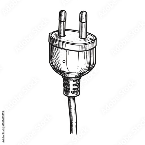 Detailed sketch of a two-pronged European electrical plug with attached cord on a white background
