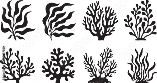 Collection of eight black silhouettes of underwater plants and corals