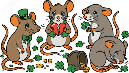 Heartbroken Lucky Rats – Sad Cartoon Mice with Broken Heart, Clover Leaves and Coins, Emotional St. Patrick’s Day Vector Illustration