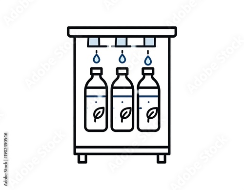 Filling three bottles with a liquid under a cabinet