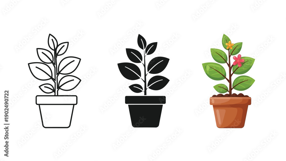 Obraz premium Set of three potted plant icons outline, solid black silhouette and colored illustration