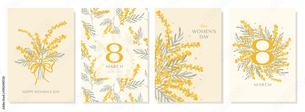 Fototapeta premium Set Of Greeting Cards For International Women's Day with Hand Draw Mimosa Branches In The Form Of a bouquet, wreath, seamless pattern. Vector design for covers, banners, posters