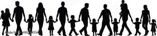 Large Group of Happy Families Walking and Holding Hands in a Row Black Silhouette Vector Illustration for Community Parenthood and Unity Graphic Designs