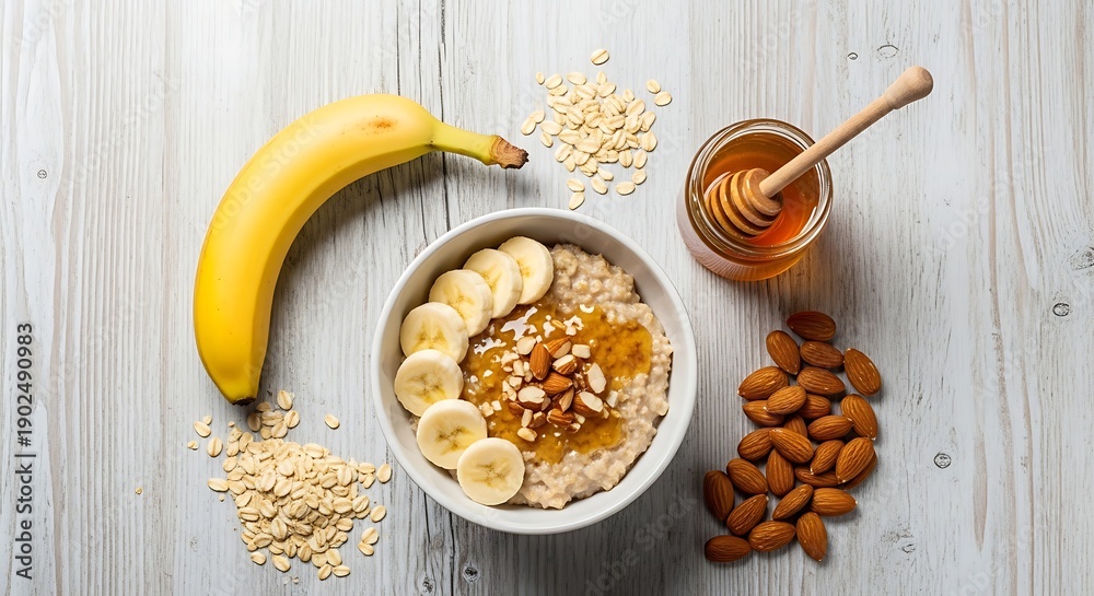 Fototapeta premium Healthy Oatmeal Breakfast with Banana, Almonds, and Honey.
