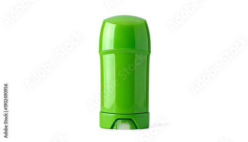 Glossy lime green stick deodorant container stands upright on a white background, casting gentle shadows