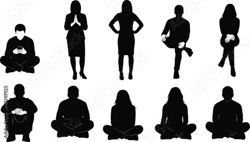 Diverse people silhouettes collection featuring men and women sitting standing and using smartphone in casual and business poses isolated on white background for graphic design