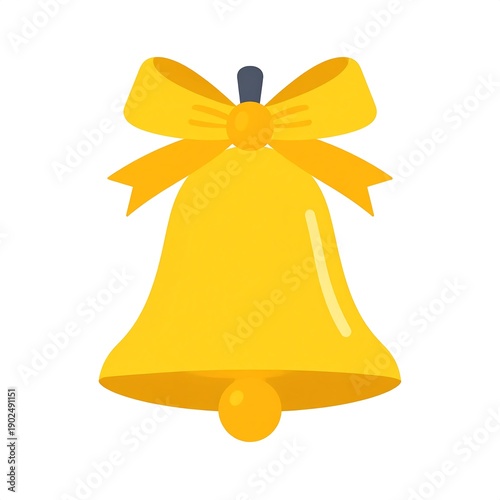 Golden bell with a bow, hanging cheerfully, flat design, simple illustration, bright and festive