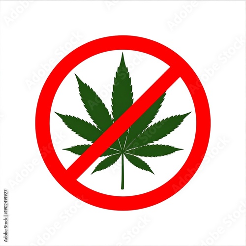 Illustration of a cannabis leaf inside a red prohibition sign against a white background