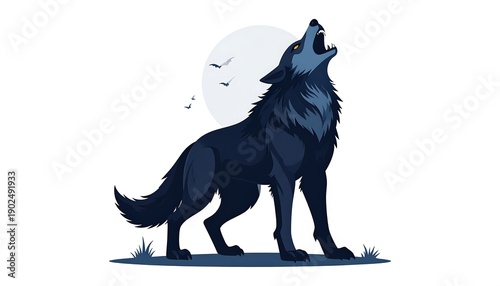 Illustration of a blue wolf howling against a pale moon and a plain white background