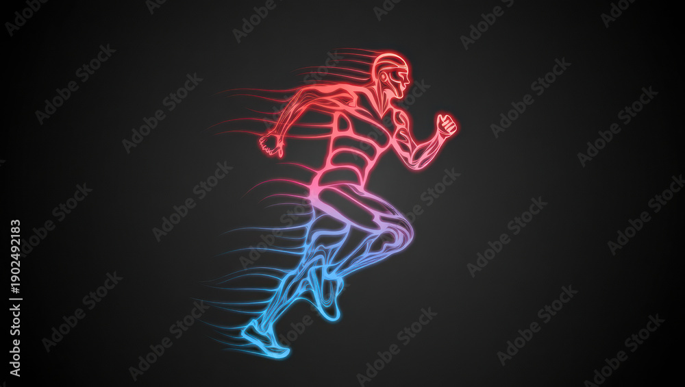 Naklejka premium Neon runner glowing athlete dynamic motion speed energy abstract human fitness colorful outline black background futuristic style vibrant lines motivation power determination digital art sports