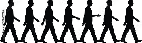 Black walking man silhouettes collection featuring a male figure in various steps of a walk cycle isolated on white background for animation and design