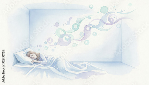 Woman bed blanket pillow sleeping dream pastel watercolor soft peaceful bedroom female rest relaxation comfort serene calm white blue purple abstract imagination fantasy tranquil quiet solitude