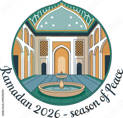 Ramadan 2026 Season of Peace illustration with mosque courtyard and fountain
