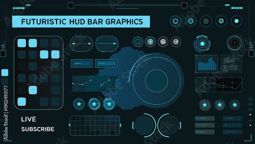 Futuristic user interface elements on a dark blue digital display