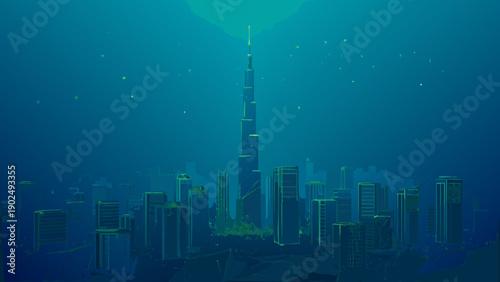 Abstract underwater cityscape featuring a tall futuristic building
