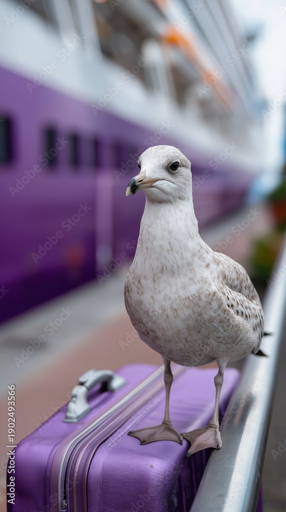 Fototapeta premium Seagull perched on purple suitcase near docked cruise ship