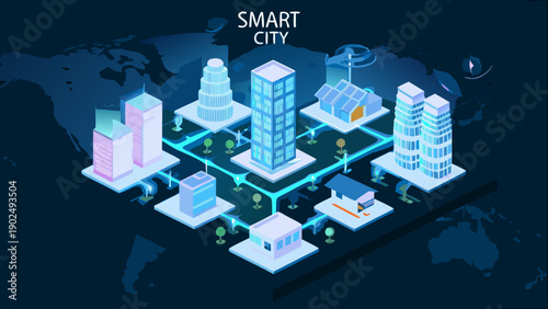 Isometric illustration of a futuristic smart city with interconnected buildings
