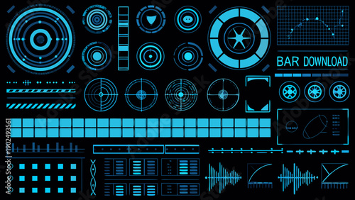 Futuristic user interface elements with glowing cyan accents on black