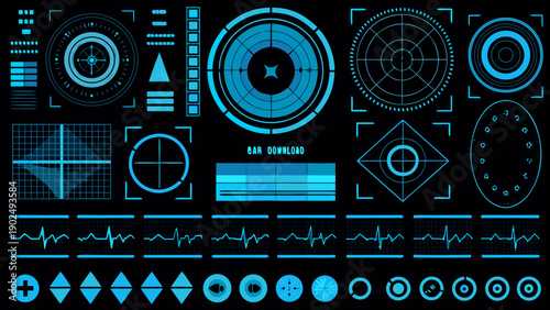 Futuristic interface elements and targeting reticles in vibrant blue hues