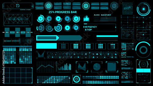 Futuristic user interface elements with glowing cyan lines on a black background
