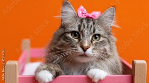 Adorable fluffy cat with pink bow relaxing in wooden bed against orange background