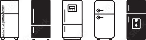 Refrigerator icons set showing various types of fridge appliances in outline and solid styles Vector