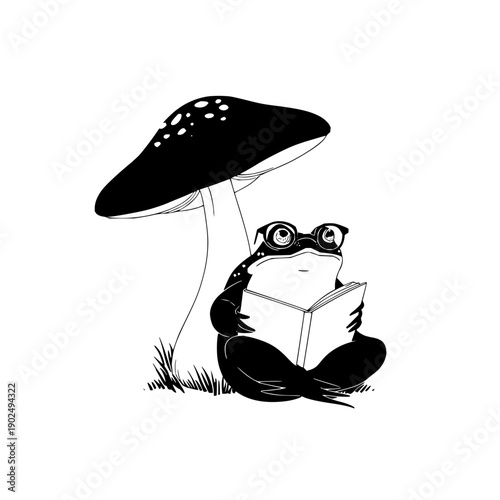 A frog with glasses reading a book under a mushroom in black and white illustration style design art