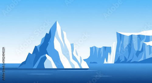 A stunning flat design illustration showcasing a massive iceberg floating in the calm Arctic sea, with a towering glacier calving in the background under a clear sky.