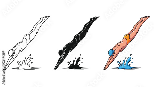 Set of three stylized illustrations of a swimmer diving into water, showing outline, silhouette and full color versions