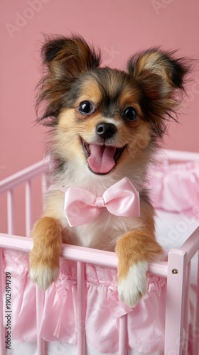 Adorable chihuahua puppy in pink bowtie peeking from crib