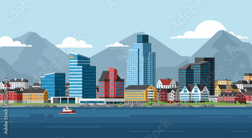 A vibrant flat design illustration showcasing the modern cityscape of Nuuk, Greenland's capital, set against a backdrop of stunning fjords and mountains, blending urban life with nature.
