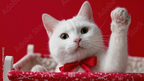 White cat with red bow in festive basket on red background