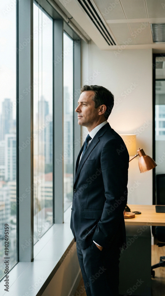 Fototapeta premium Businessman gazing city skyline office window