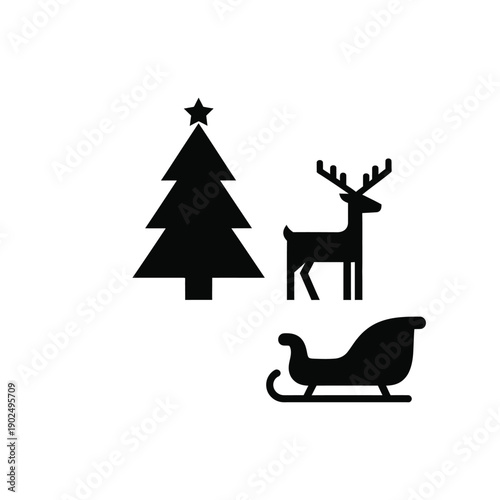 Christmas holiday silhouette symbols with reindeer, sleigh and decorated tree.