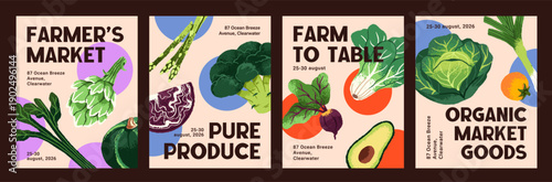 Promotion designs of farm markets set. Advertising templates of grocery stores with organic vegetables. Layouts with different agricultural crops, healthy natural food. Flat vector illustrations.