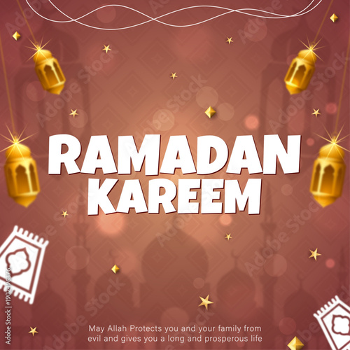 Ramadan Kareem greeting card with golden lanterns and praying hands, Islamic holy month celebration background with mosque and stars, Religious Ramadan Mubarak poster with golden fanous and prayer ico