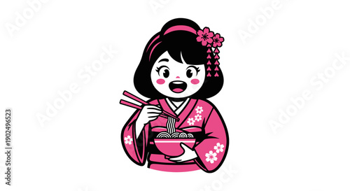 Cute Japanese girl in kimono eating ramen with chopsticks.