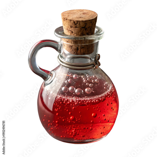 Small glass with cork stopper  filled with  red liquid isolated on  a transparent background