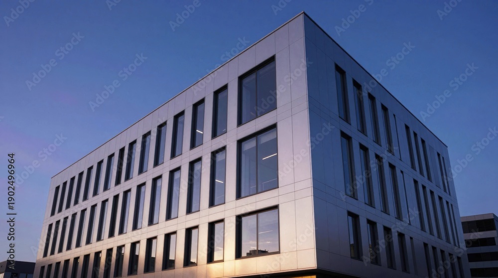 Fototapeta premium Modern building exterior with glass windows during sunset in urban area